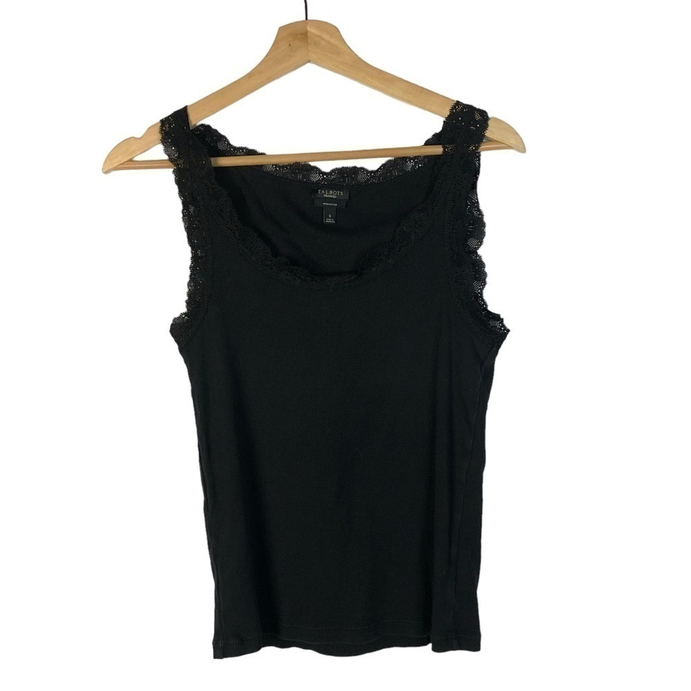 Talbots Black Ribbed Lace Trim Pima Cotton‎ Cami Tank Top S